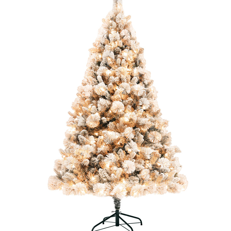 Arbre de Noël 6,5 pi, 350 lumières, élégance floquée par la neige, 1107 pointes, base en métal, arbre artificiel Holiday