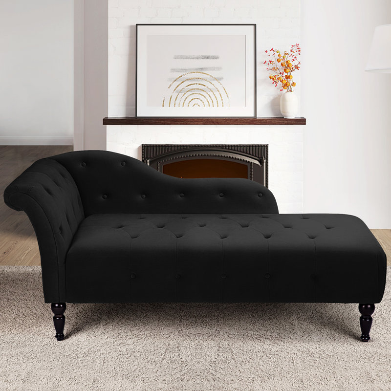 Velvet Upholstered Chaise Lounge With Rolled Arm, Upholstered Sofa Recliner Lounge Chair, Black
