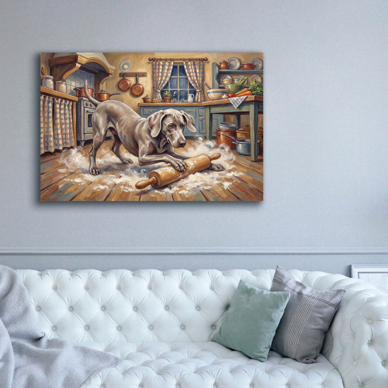  «Weimaraner In The Kitchen» par Rich Monet, art mural sur toile, 60 po x 40 po, H 40 po x l 60 po