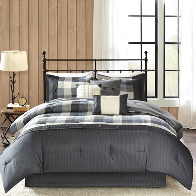 Grey King 7 Piece Herringbone Comforter , Cabin Style, Buffalo Plaid Print, , Comforter, 2 Shams, 3 Decorative Pillows, Bed Skirt, Machine Washable And Wrinkle- With Texture, Pattern, , Easy To Clean