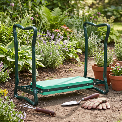 Banc de jardinage pliable 2-en-1, genouillère et tabouret rembourrés et rembourrés, siège de travail portatif pour le sarclage, la plantation et les tâches extérieures dans la cour