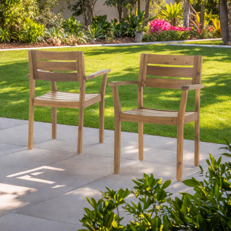 Ensemble de 2 chaises de salle à manger, fauteuil de patio en bois d'acacia, pour cour, bord de piscine, jardin, Teck