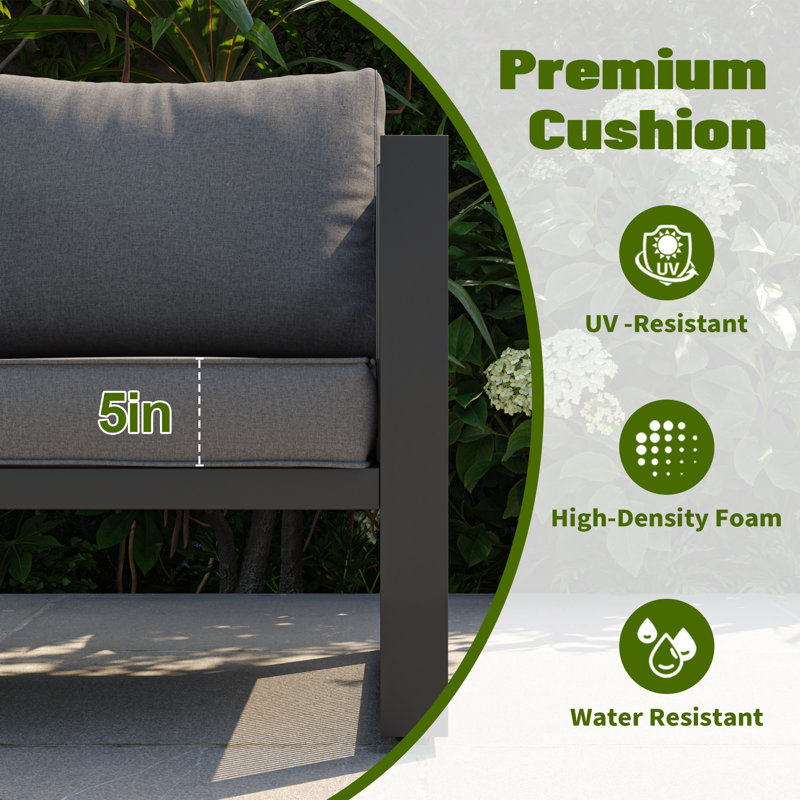 Aluminum 3-Seater Sofa With Cushions, Featuring Decorative Pull Cord Detailing, Gray Cushion/Black Frame