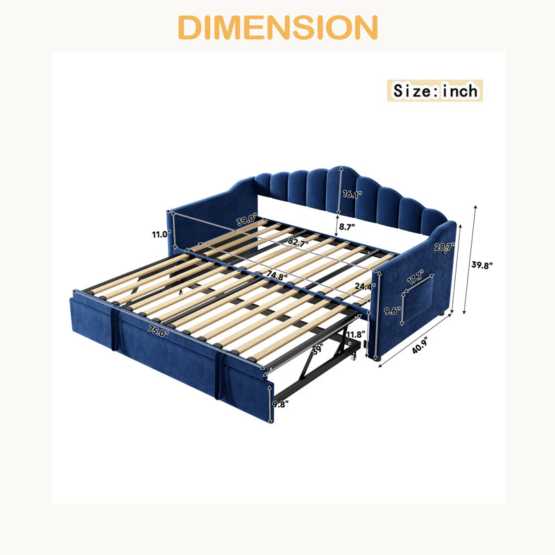 Lit de jour tapissier simple avec lit gigogne escamotable à hauteur réglable et port de charge USB et Type-C, structure de lit de jour avec 2 poches latérales