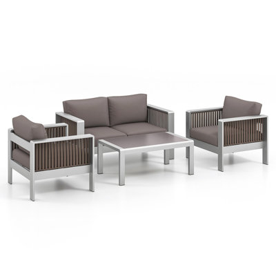 Ensemble de 4 meubles de patio en aluminium avec coussins épais et plateau en verre trempé