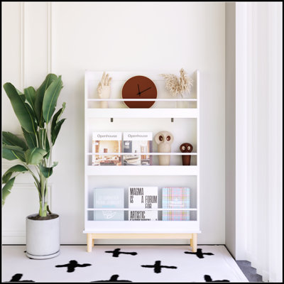 Wall-Mounted Kids Bookshelf with 3 Front-Facing Display Shelves, Modern White Book Rack with Natural Wood Base for Toddler Bedroom, Nursery or Playroom