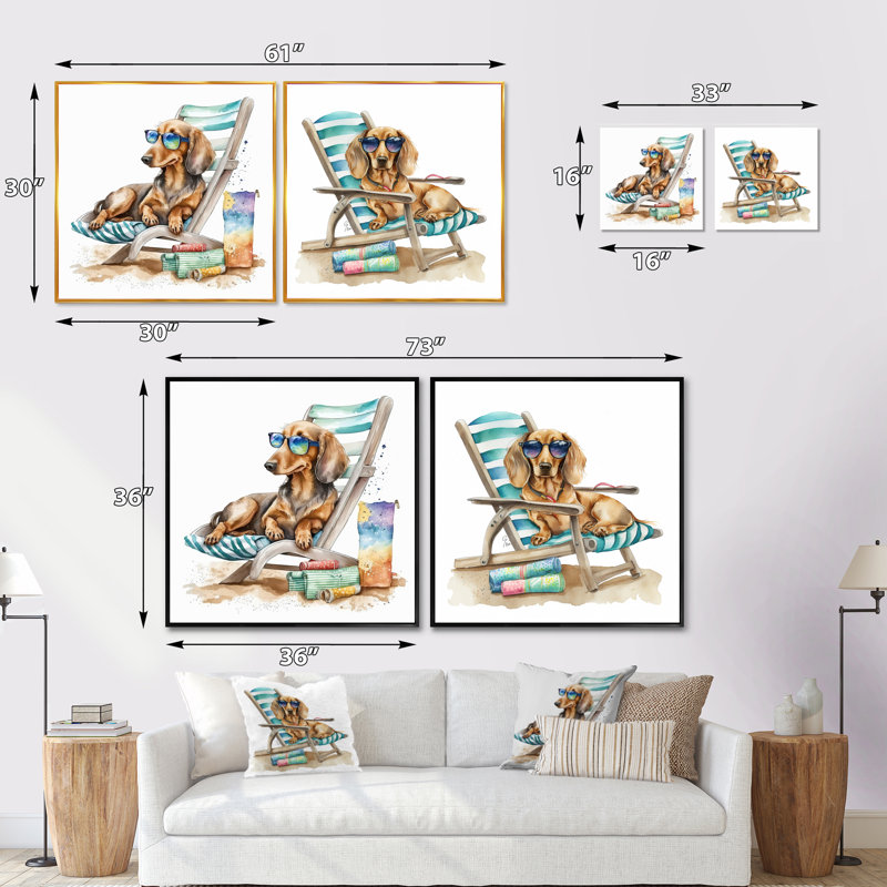 Chien se prélassant sur la plage avec des lunettes de soleil IV - animaux, ensemble de 2 collages carrés, Cadre flottant doré