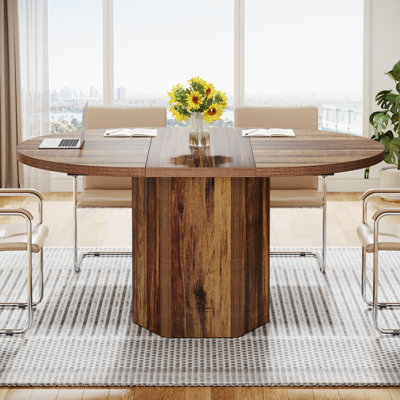 Oval Conference Table, 55.12 L X 39.37 W X 29.53 H Inches Small Meeting Table For 6 People, Rustic Wooden Meeting Seminar Table With Round Base For Of