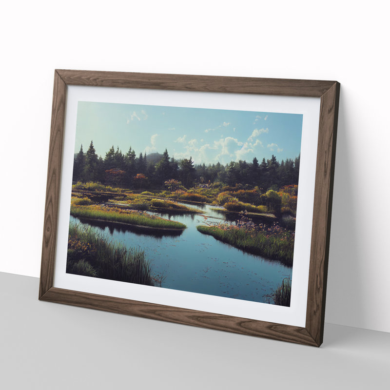 Pond In The Autumn - Single Picture Frame Print, 46cm H x 64cm W x 2cm D, Walnut