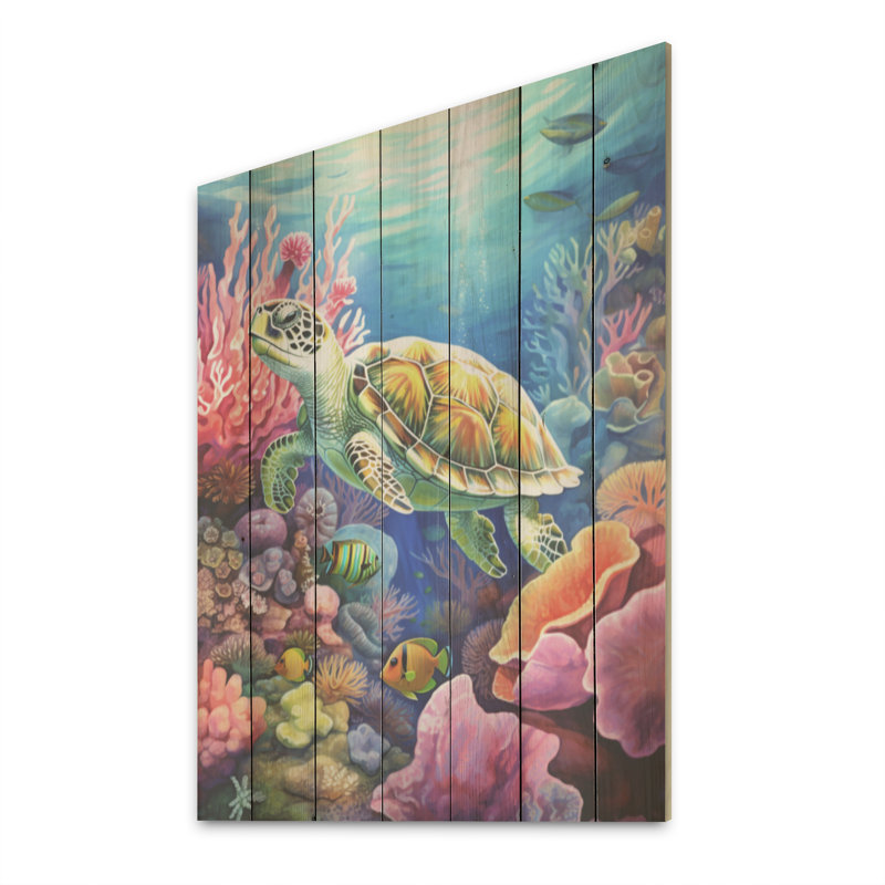 Tortue, vie colorée - corail sous l'eau, art mural sur bois de pin naturel, H 20 po x l 10 po