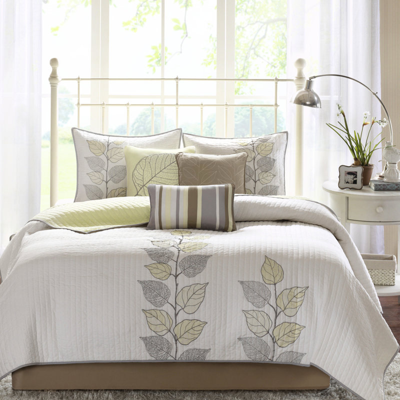Ensemble de courtepointe 6 pièces avec coussins décoratifs jaune, Full / Double Quilt + 5 Additional Pieces, Yellow/White