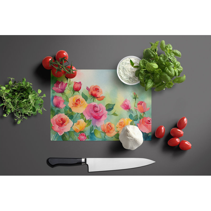 Roses in Watercolor Glass Cutting Board Large