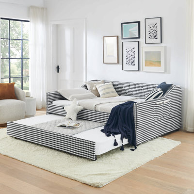 Daybed, Gingham Upholstered 3‑In‑1 Versatile Convertible Sofa Bed With Pull‑Out Trundle & Side Storage Pockets, Ideal For Multiple Room Layouts And Small‑Space Living
