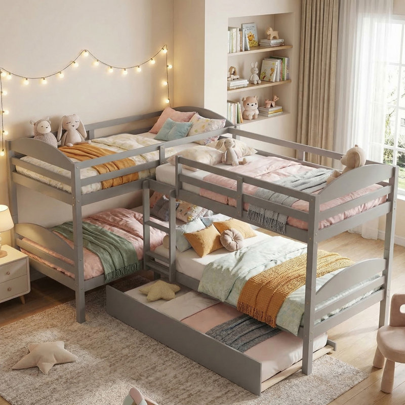 Nevaeh Kids Twin Over Twin Bunk Bed with Trundle, Gray