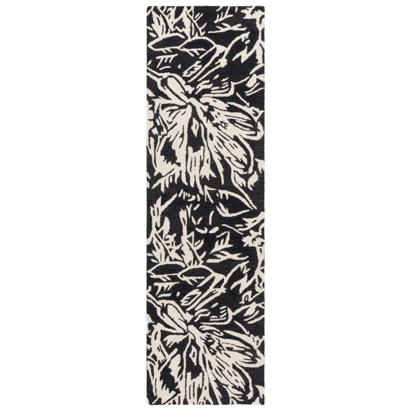 Rosaliz Hand Tufted Wool/Cotton Floral Rug in Black/Ivory, Runner 2'3" x 8'