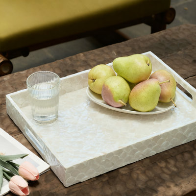 Handmade Capiz Shell Tray With Handles, Rectangular Mother Of Pearl Decorative Tray For Coffee Table, Ottoman, Bathroom & Coastal Boho Home Decor