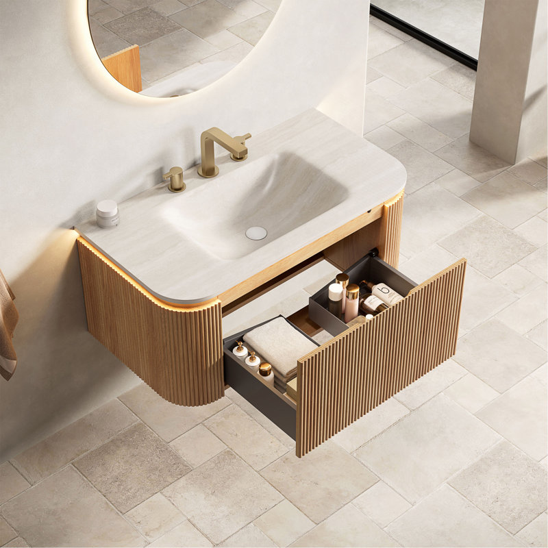 Meuble-lavabo DIEN 30 po avec lavabo intégré, bords incurvés, tiroir, éclairage à détecteur de mouvement, lavabo intégré en pierre frittée à motif de travertin, préassemblé