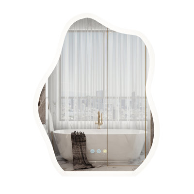 Stylish Stone Border Irregular Led Wall Mirror Bathroom Vanity Mirror With Blaklit 3 Color Temperature Lights Anit-fog Dimmable, 3 Touch Sensor Switch Plug In