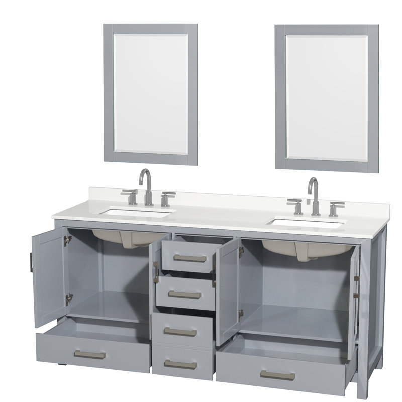 Sheffield 72" Freestanding Double Bathroom Vanity with Quartz Top with 24" Mirrors, Gray, White Quartz