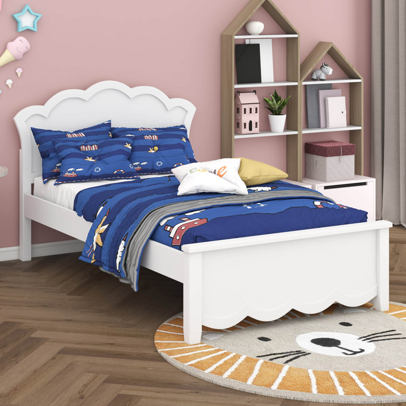 Lit plateforme en bois avec tête de lit à fleurs et deux tiroirs, Lit simple