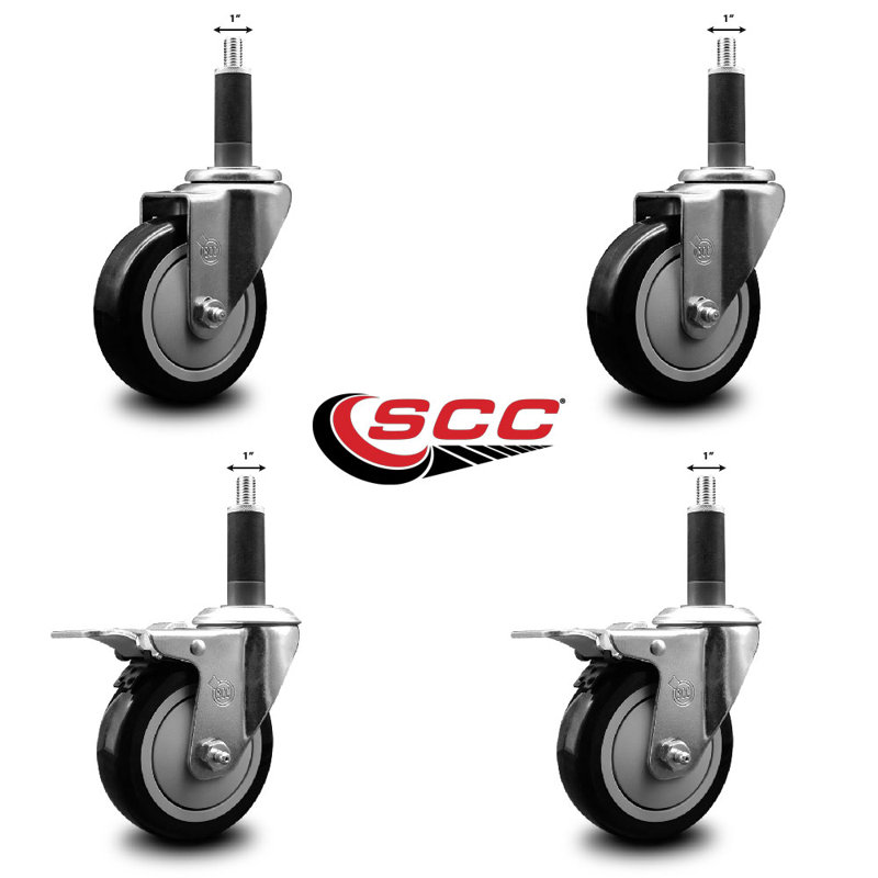 Blue Poly Swivel Expanding Stem Caster Set 2 Total Lock Brakes, Black, 4" x 1"