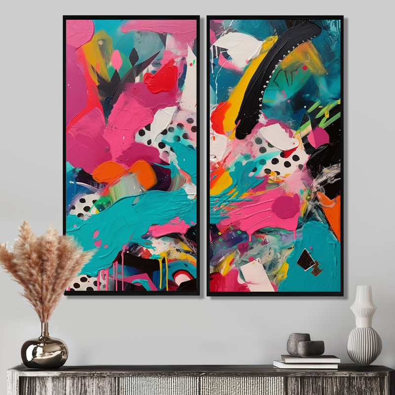 «Enigma» rose et turquoise abstraite II - art abstrait sur toile grand format 2 panneaux, 32" H x 32" W, Black