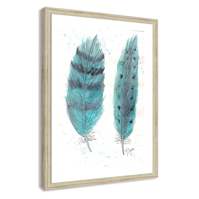 «Feathers in Turquoise II», art encadré, H 36,5 po x l 26,5 po x P 0,6 po, Encadrement beige