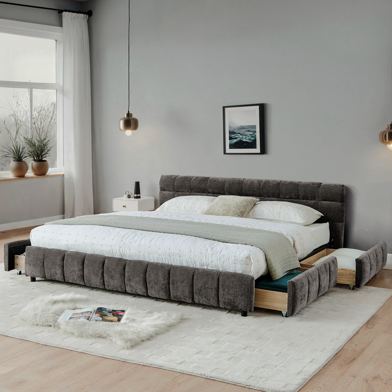 California King Size Upholstered Bed ,Comfortable Upholstered Bed Frame, Chenille Fabric, With Headboard And Solid Bed Frame. With Drawer For Storage.-Dark Gray(90.5''*80.5''*31'')