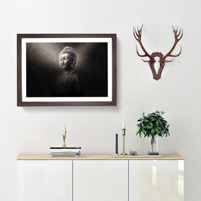 Buddha in a Mist - Picture Frame Art Print, 48cm H x 65cm W x 2cm D, Walnut Framed
