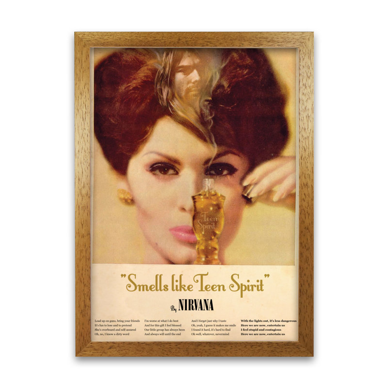 Nirvana Smells Like Teen Spirit by David Redon - Print, 59.4 cm H x 42 cm W x 5 cm D, Honey Oak