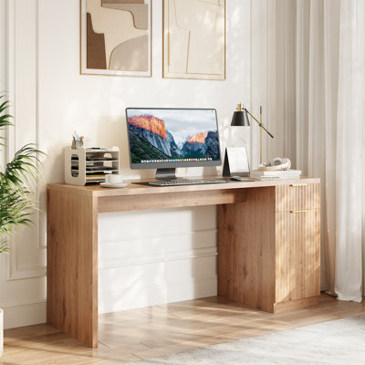 Executive Computer Desk 61" with Drawers, Power Outlet, USB Ports & Adjustable Shelf - Large Farmhouse Office Workstation - Storage Cabinet, Golden Metal Handles - Oak