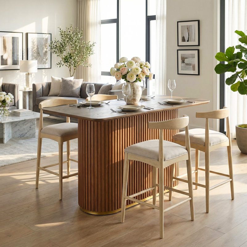Kyra 5-Piece Mid-Century Modern Rubberwood Counter Bar Set With Upholstered Stools