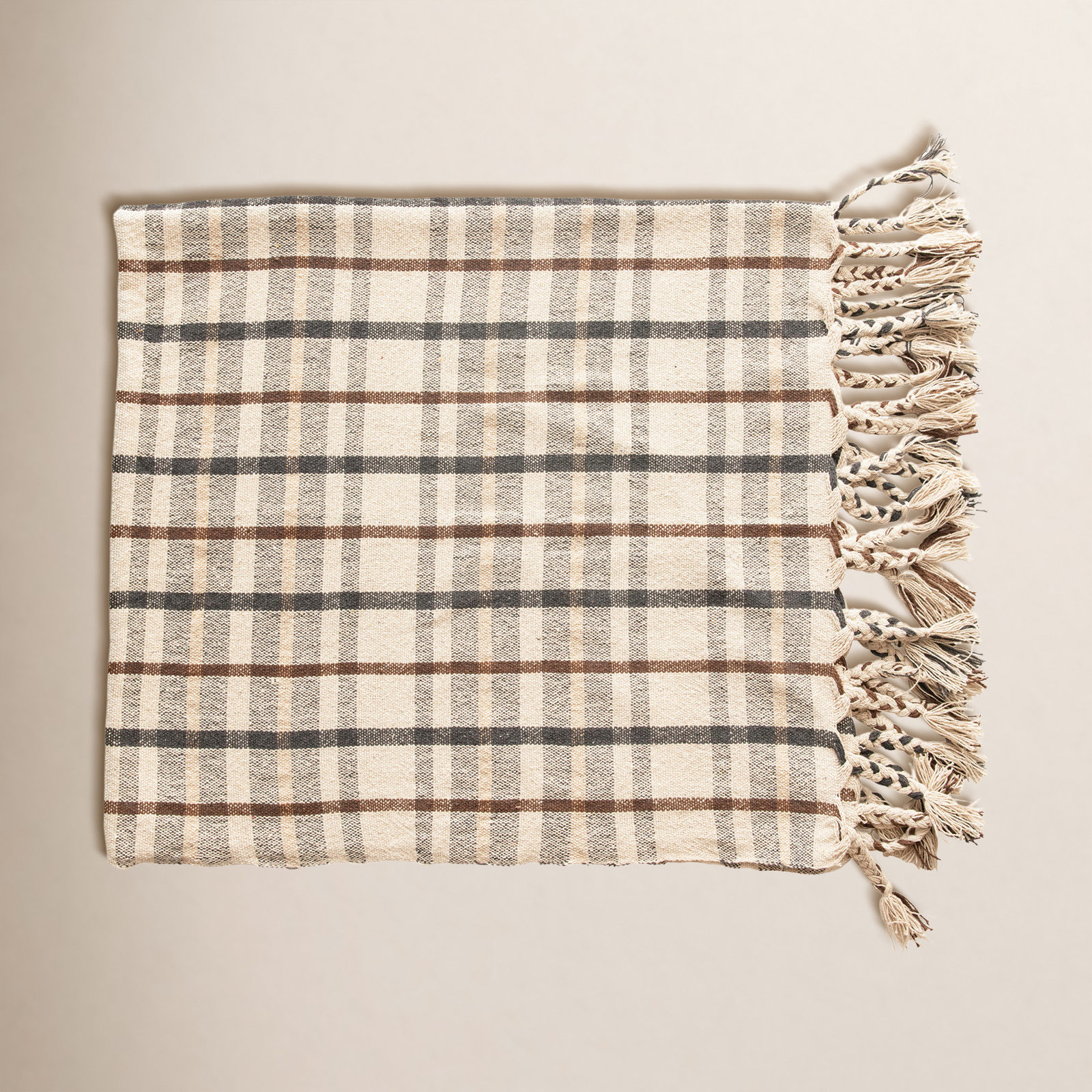 Enny Cotton Blend Hand Woven Throw Blanket, Cream/Gray Plaid