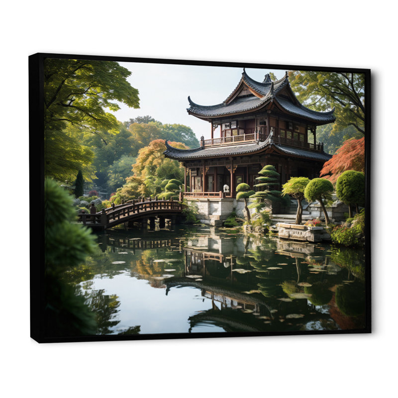 Asian Art Serene Pagoda I, reproduction d'art sur toile, Cadre flottant noir, H 34 po x l 44 po x P 1,5 po