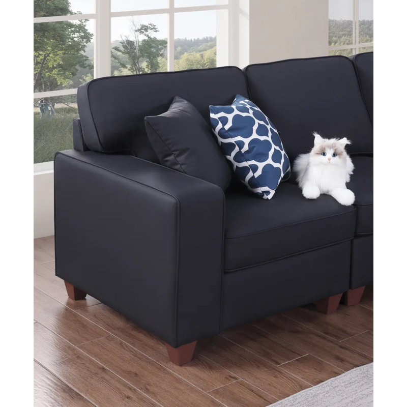 Canapé modulaire en cuir artificiel avec repose-pieds Shayle, Similicuir noir, H 35 po x l 125,25 po x P 33,25 po
