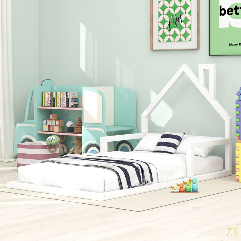 Lit simple au sol avec tête de lit en bois, Twin, Blanc