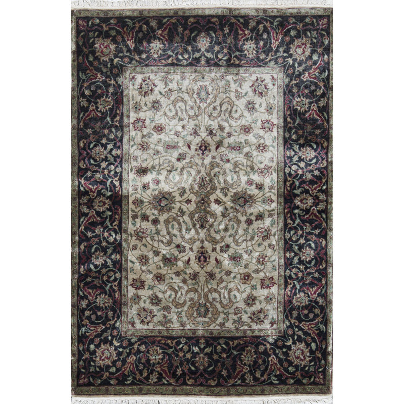 Tapis crème et noir noué à la main de haute qualité