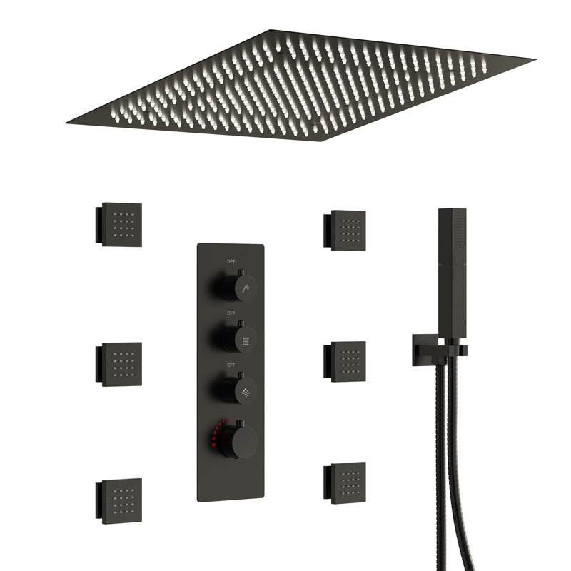 Thermostatic Rainfall Shower System, Ceiling Mount LED Rain Shower Head with 2-Function Handheld Spray, Matte Black