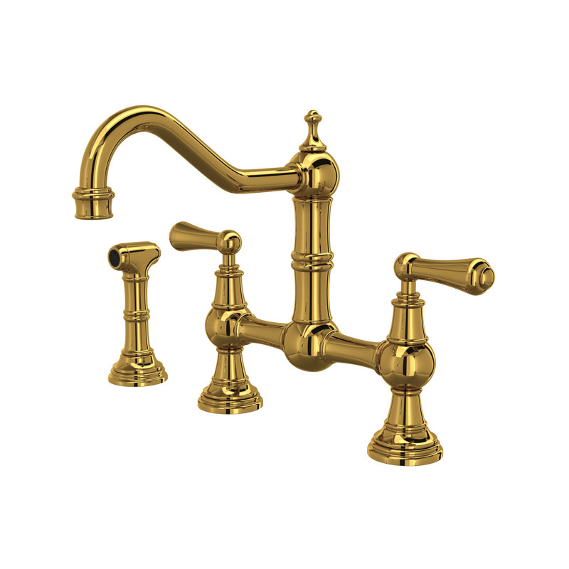 Edwardian Bridge Kitchen Faucet With Side Spray, Unlacquered Brass, Lever