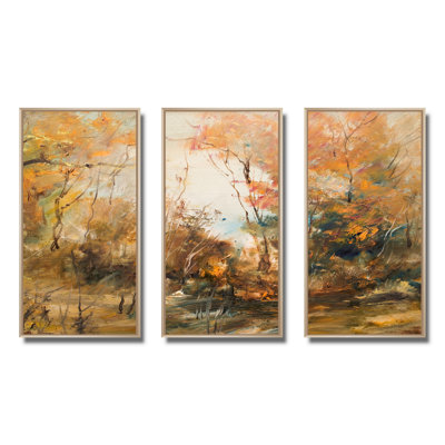 Forêt en automne, ensemble de 3 peintures à l'huile sur toile encadrées