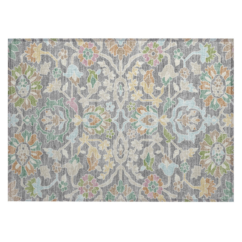 Machine Washable Indoor/Outdoor Chantille ACN2587 Floral Rug, 1'8" x 2'6", Gray