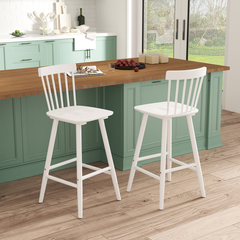 Tabouret de comptoir à dossier en lattes de bois massif de 38,5 po de hauteur, Blanc