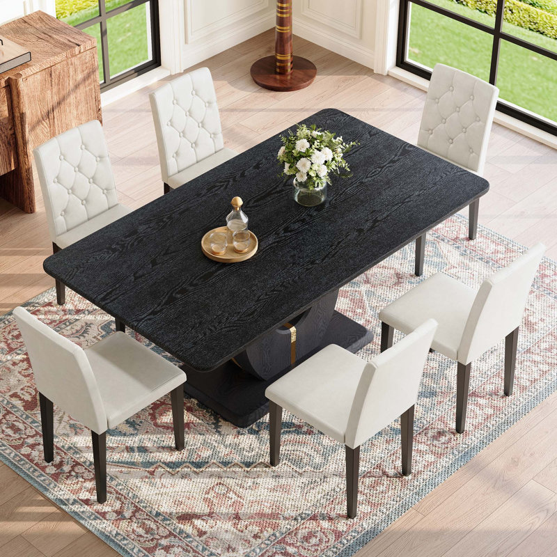 Ensemble de table de salle à manger à grain de bois 7 pièces, table de salle à manger moderne en bois aggloméré de 63 po avec 6 chaises en polyuréthane et boucle décorative sur le dossier