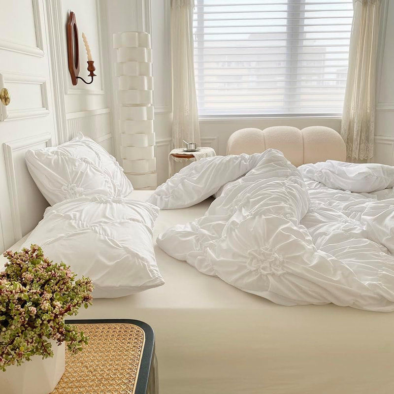 Ensemble de housse de couette plissée Nayoroom, Housse de couette pour grand lit et 2 taies décor, Blanc