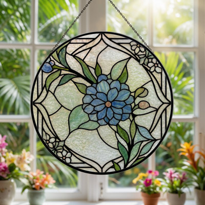 7.8"H Floral Design Stained Glass Window Panel