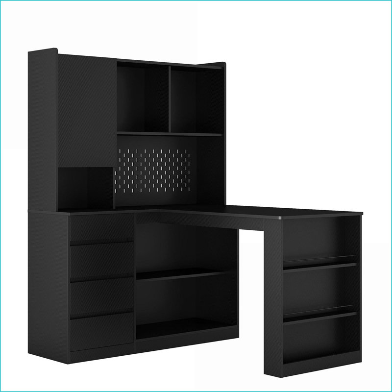 Bureaux, bureau d'angle moderne en L avec rangement, ports USB et amp; Prises de courant | Blanc | Panneau de fibres à densité moyenne
