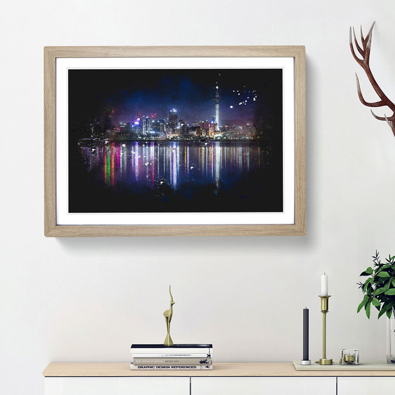 Reflections Of The Auckland Skyline - Picture Frame Graphic Art, Oak Framed, 62cm H x 87cm W x 2cm D