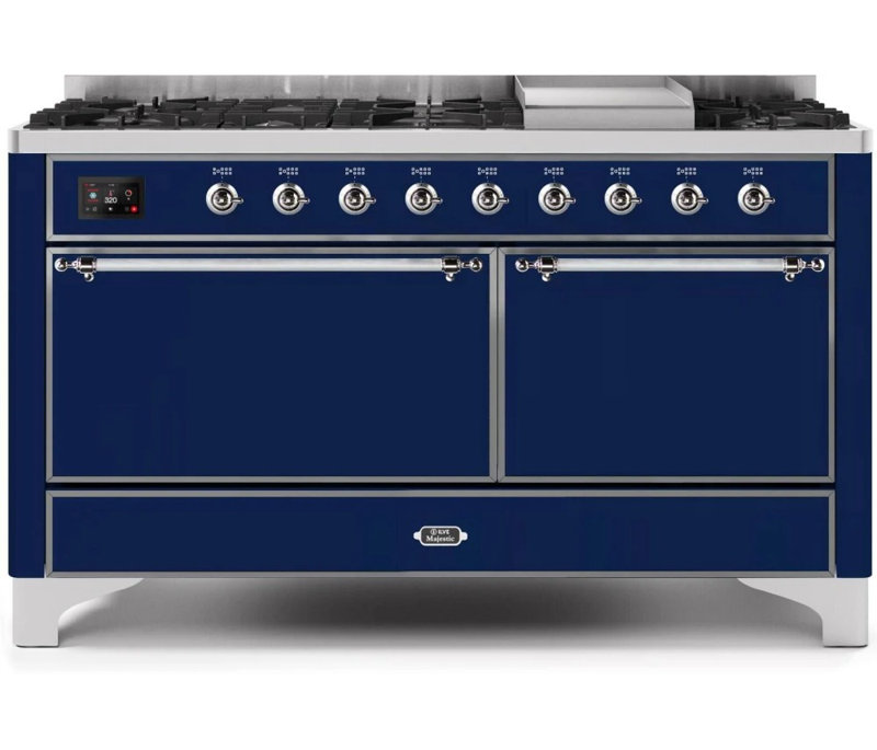 ILVE UM15FDQNS3BKCLP Majestic II 60 inch Dual Fuel Range with 9 Burners, Griddle (Liquid Propane, Solid Door, Glossy Black, Chrome)
