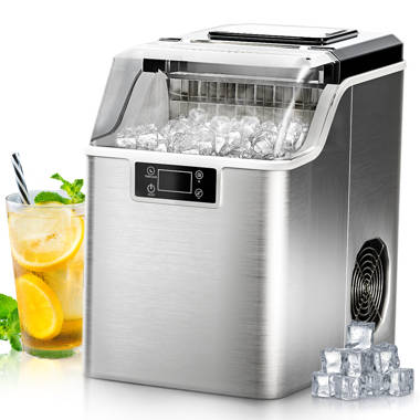 MoNiBloom Self Cleaning + Scoop + Handle Countertop Cube Shape Ice Maker Machine 33Lbs/24Hrs Finish: Silver/White A54-IM-004-2500ML-WH-SL