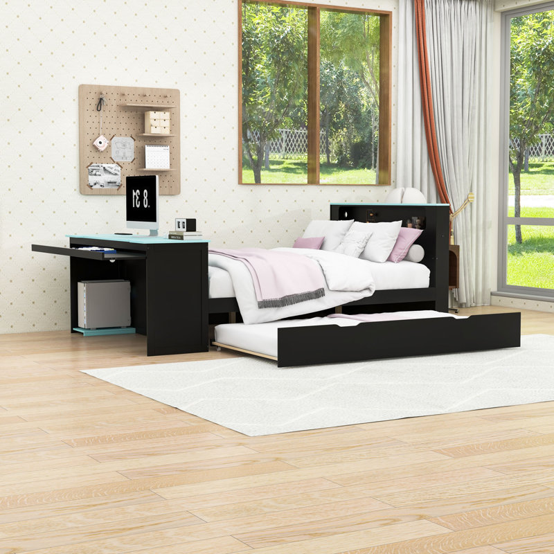 Lit plateforme en bois avec tête de lit RVB Smart, lit gigogne et bureau, Lit double, Noir bleu